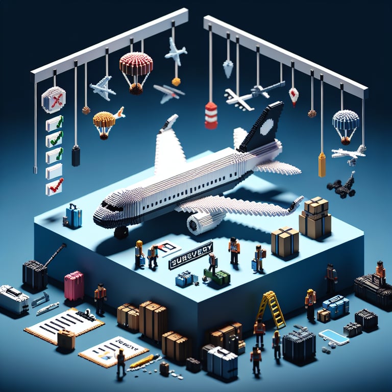 3D voxel art depicting online survey process related to aviation safety culture on a dark blue background.