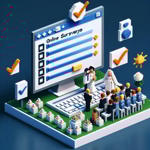 3D voxel art depicting online post-wedding survey concept on a dark blue background.