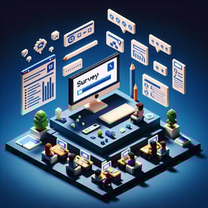 3D voxel art depicting online advertising surveys, with engaging elements on a dark blue background.