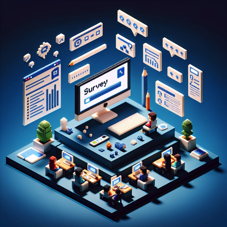 Artistic 3D voxel showcasing ad feedback questionnaire elements