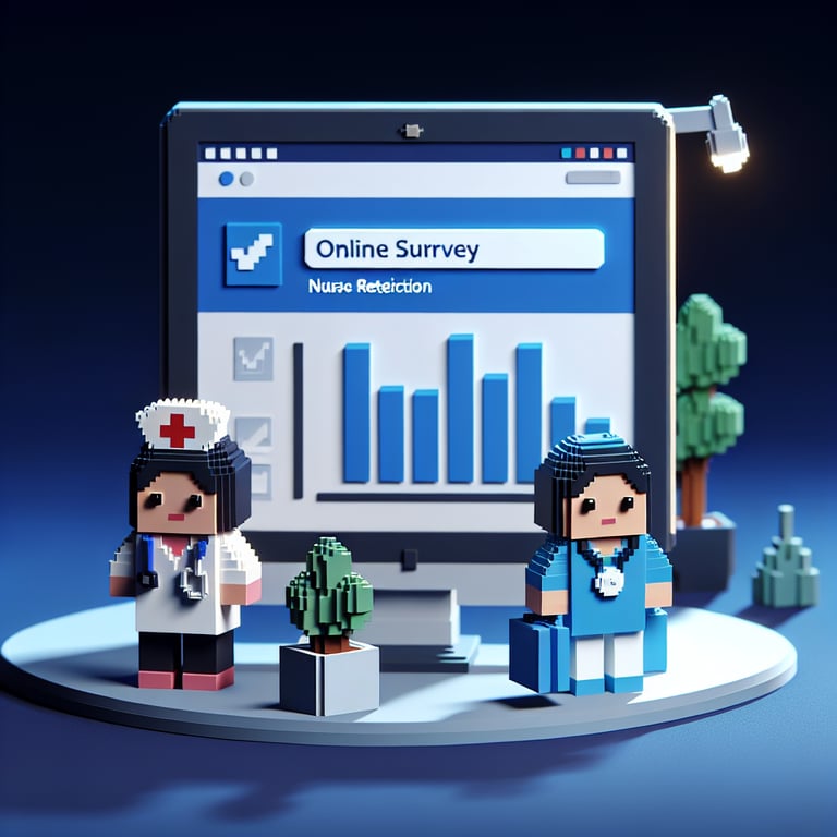 3D voxel art depicting online nurse retention surveys on a dark blue background.