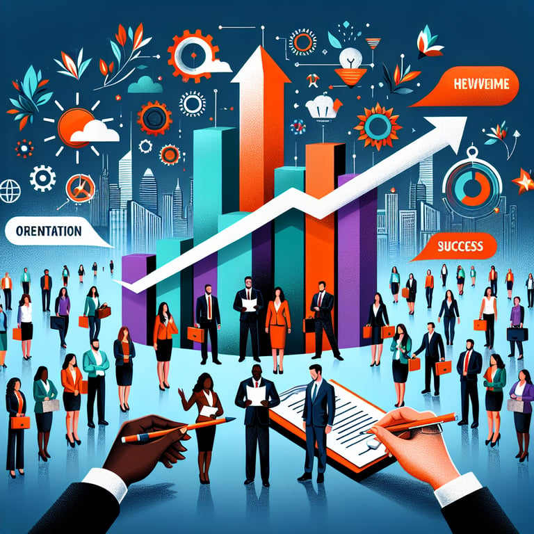 Illustration showing the impact of New Hire Orientation Survey survey questions on organizational success.