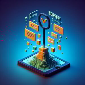 3D voxel art depicting online trip survey concept on a dark blue background.