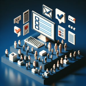 3D voxel art depicting online surveys and questions, set against a dark blue background.