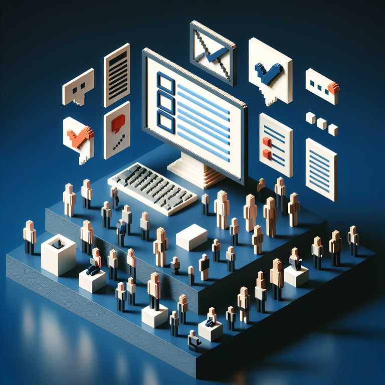 3D voxel art depicting online surveys and questions, set against a dark blue background.