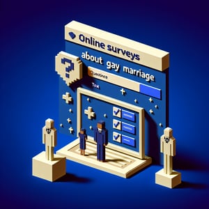 3D voxel art depicting online surveys about gay marriage on a dark blue background.