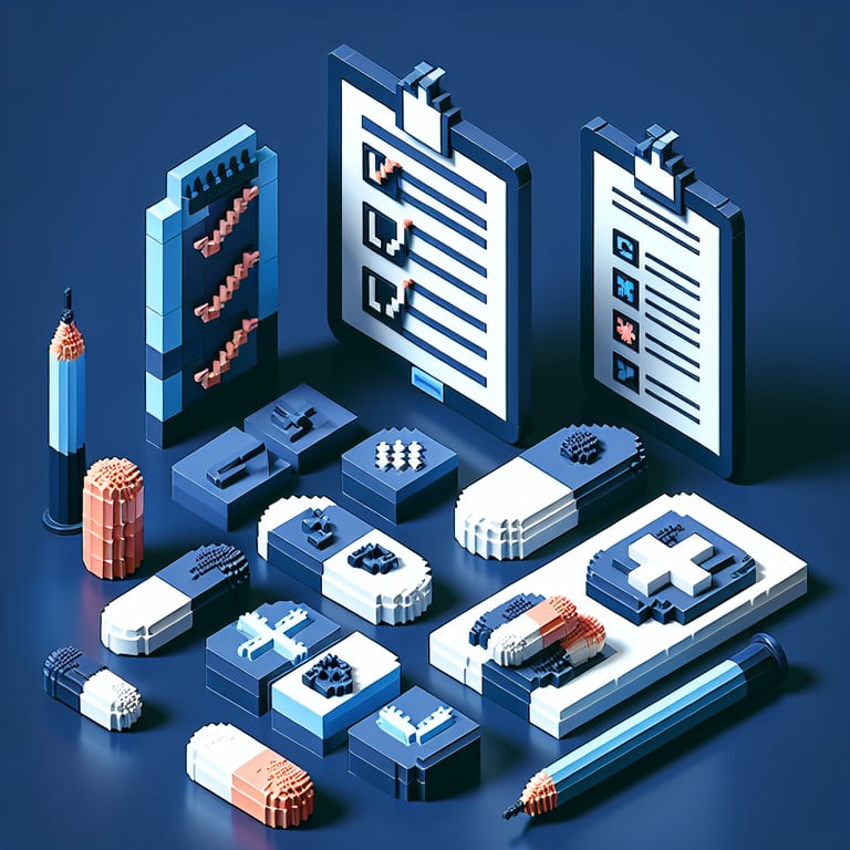 3D voxel art depicting online drug awareness survey process on a dark blue background.