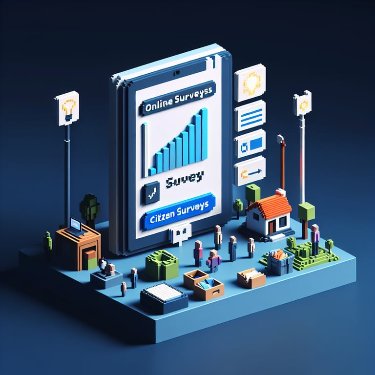 3D voxel art depicting online citizen surveys against a dark blue background.