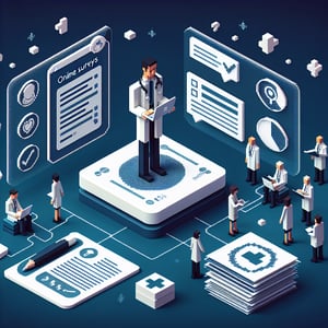3D voxel art depicting online surveys and questions, set against a dark blue background, specifically for physicians about the HIM department.
