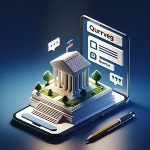 3D voxel art depicting online surveys, with a focus on country of origin questions, on a dark blue background.