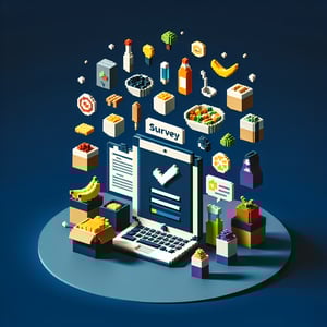 3D voxel art depicting the concept of online food survey questions on a dark blue background.