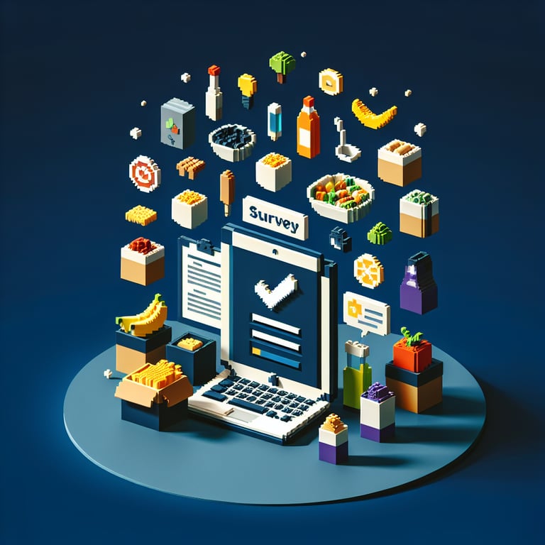 Artistic 3D voxel of a questionnaire featuring food icons and utensils