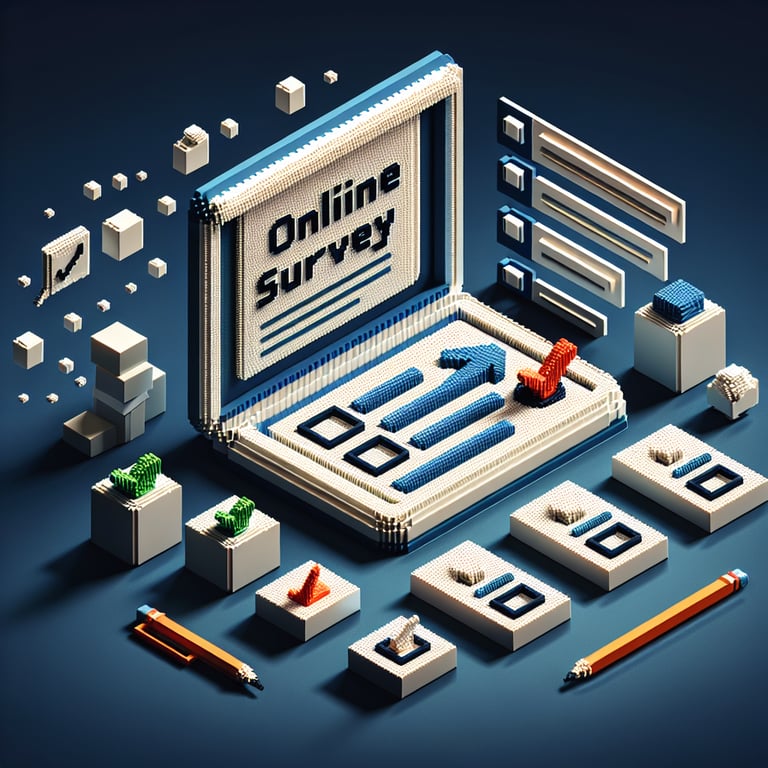 3D voxel art depicting the concept of online surveys for new products, set against a dark blue background.