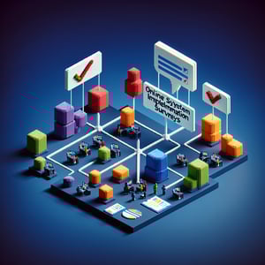 3D voxel art depicting online surveys with a dark blue background, symbolizing system implementation surveys.