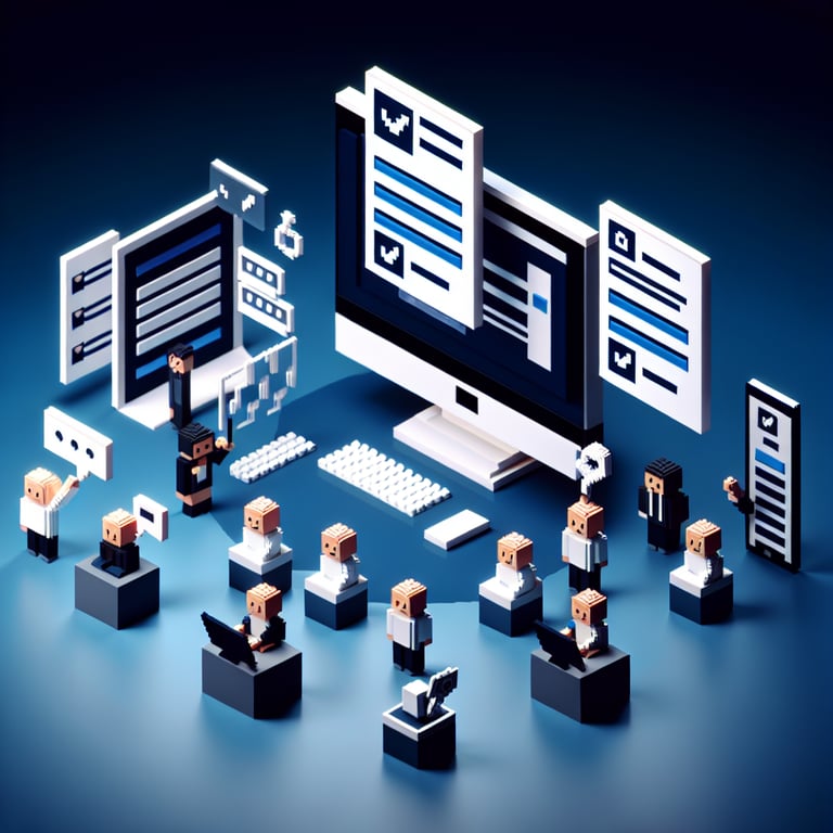 3D voxel art depicting online surveys on a dark blue background, symbolizing after-presentation survey questions.