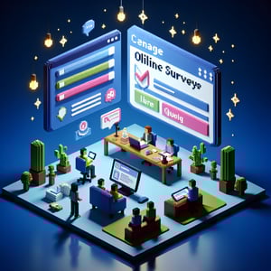 3D voxel art depicting online client service surveys on a dark blue background.
