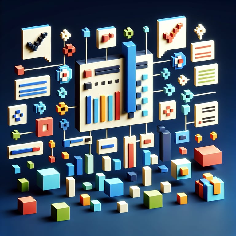 3D voxel art illustrating a question-response matrix layout for surveys