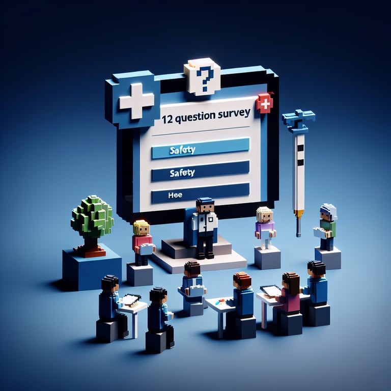 3D voxel art of a pediatrician answering a 12-question survey on safety, set against a dark blue background.