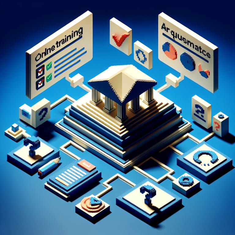 3D voxel art depicting the concept of online training surveys on a dark blue background.