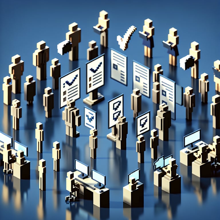 3D voxel art depicting online company culture surveys on a dark blue background.