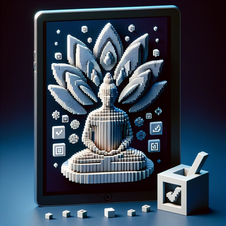 3D voxel art depicting online meditation survey concept on a dark blue background.