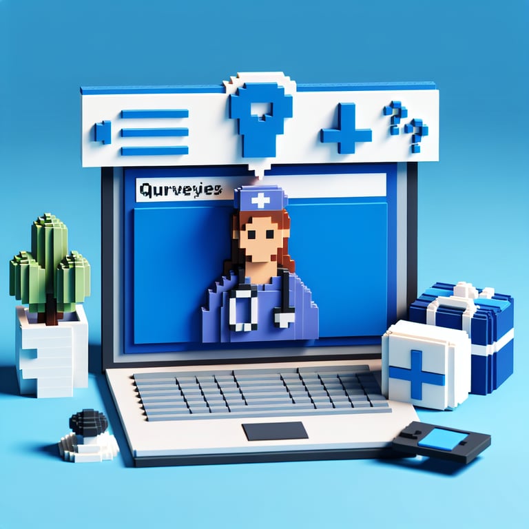 3D voxel art depicting online survey concept related to fall prevention for nurses.