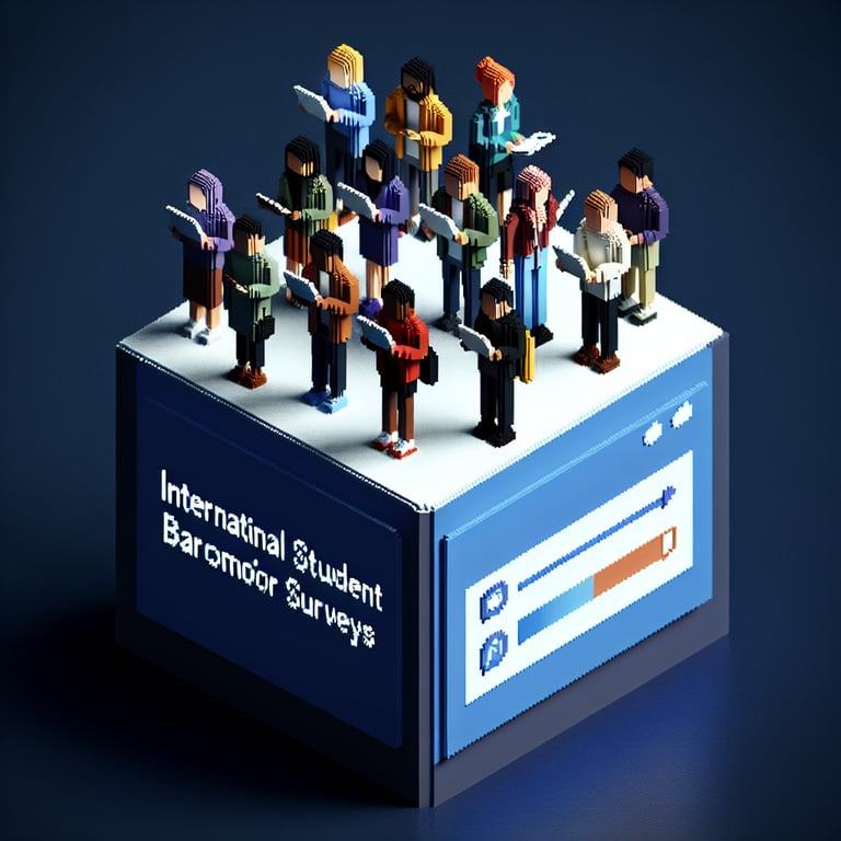 3D voxel art depicting online international student barometer surveys on a dark blue background.