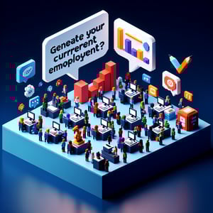 3D voxel art depicting the concept of an online employment status survey on a dark blue background.
