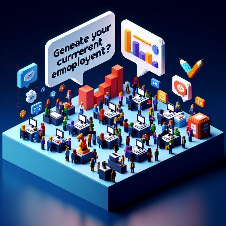 3D voxel art depicting the concept of an online employment status survey on a dark blue background.