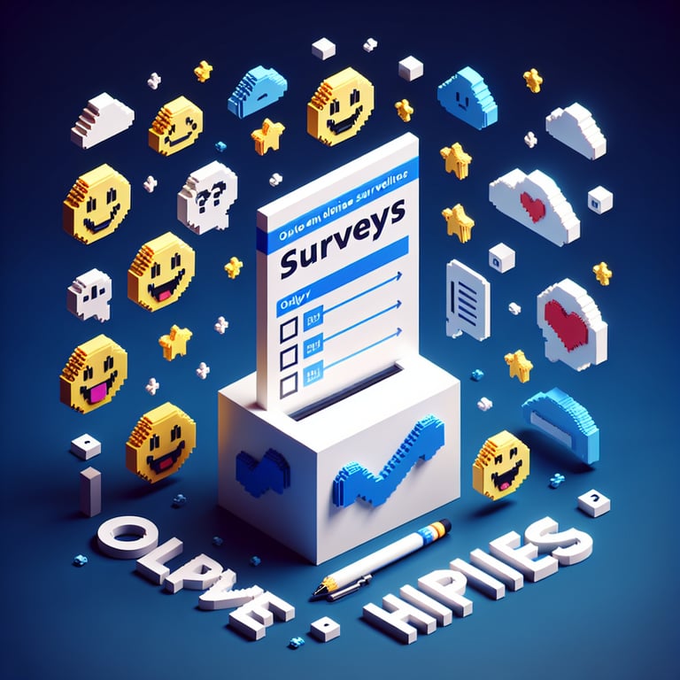 3D voxel art depicting online happiness surveys, featuring engaging elements on a dark blue background.