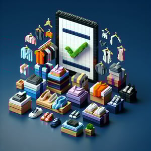3D voxel art depicting online apparel survey concept on a dark blue background.