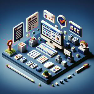 3D voxel art depicting online business survey questions on a dark blue background.
