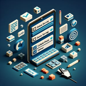 3D voxel art depicting online customer service surveys on a dark blue background.