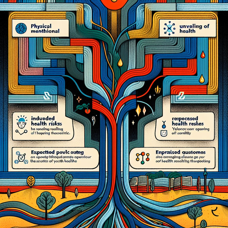 Illustration of key Youth Health survey questions and expected outcomes in a tapestry design.