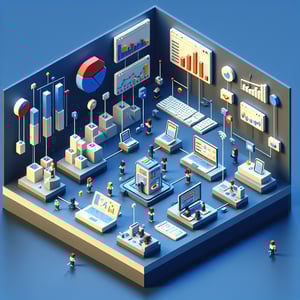 3D voxel art representing online organizational communication surveys on a dark blue background.