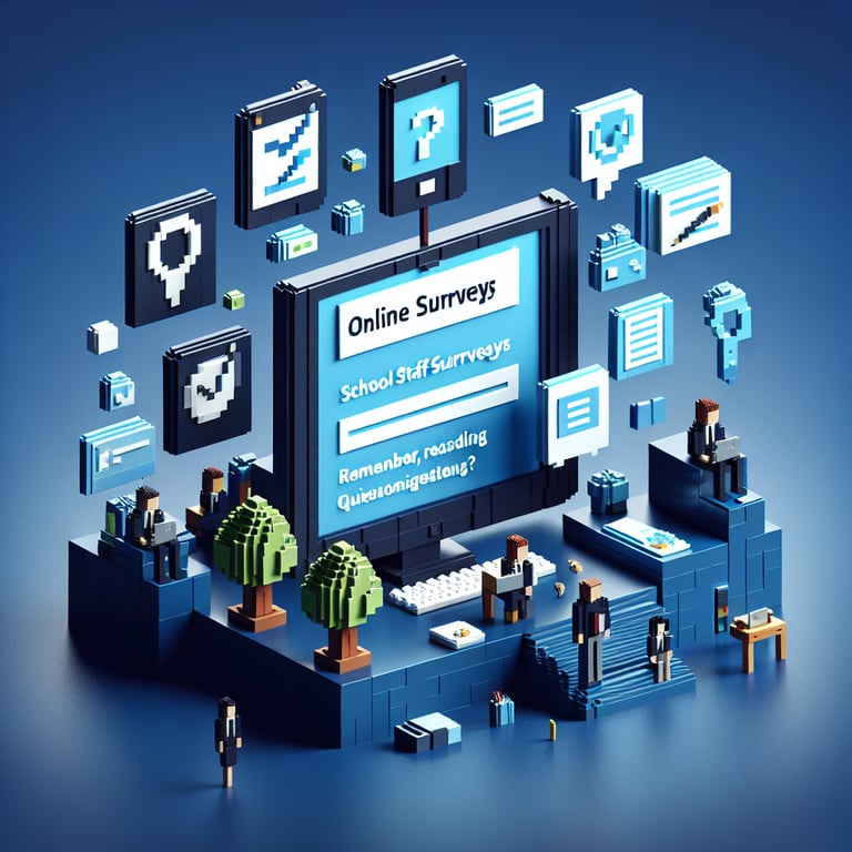 3D voxel art depicting online surveys, ideal for a school staff survey landing page.
