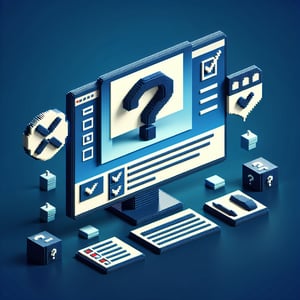 3D voxel art depicting online UX surveys, with engaging elements on a dark blue background.