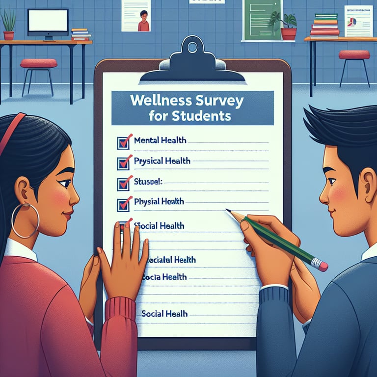 Illustration representing key topics in Wellness Survey for Students survey questions.