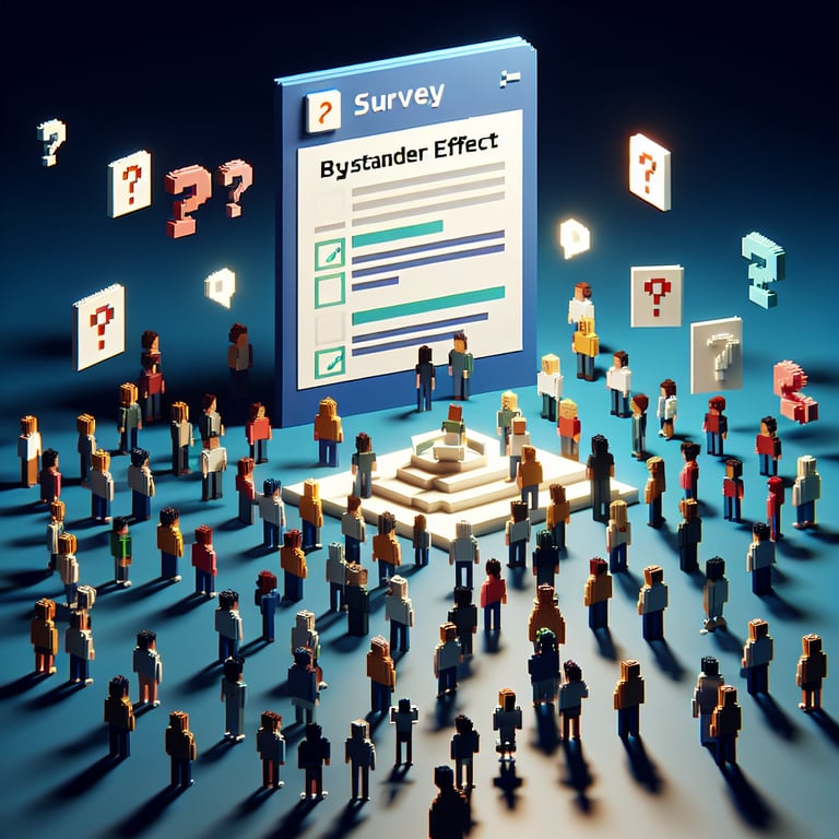 3D voxel art depicting online surveys with a dark blue background, representing bystander effect surveys.