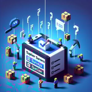 3D voxel art depicting online supplier surveys on a dark blue background.