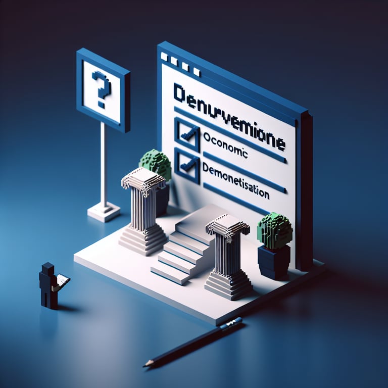 3D voxel art depicting online survey concept on a dark blue background, related to economic demonetisation.