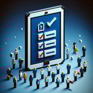 3D voxel art depicting the concept of online customer survey questions with a dark blue background.