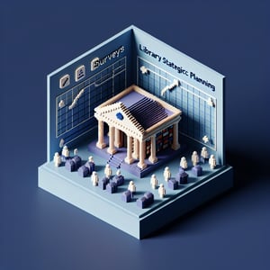 3D voxel art depicting online surveys, symbolizing library strategic planning survey questions.