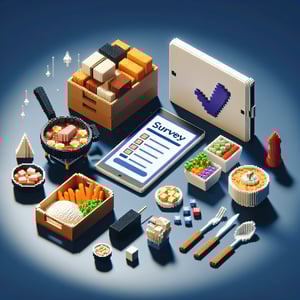 3D voxel art depicting online food catering survey process on a dark blue background.