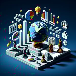 3D voxel art depicting online competitive intelligence surveys on a dark blue background.