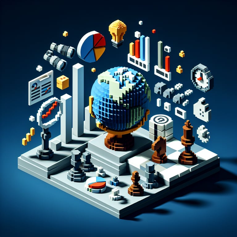 3D voxel art showcasing strategic competitor survey analysis in vivid block style.