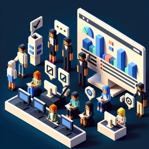 3D voxel art depicting online survey concept, with dark blue background, for new business start-up.