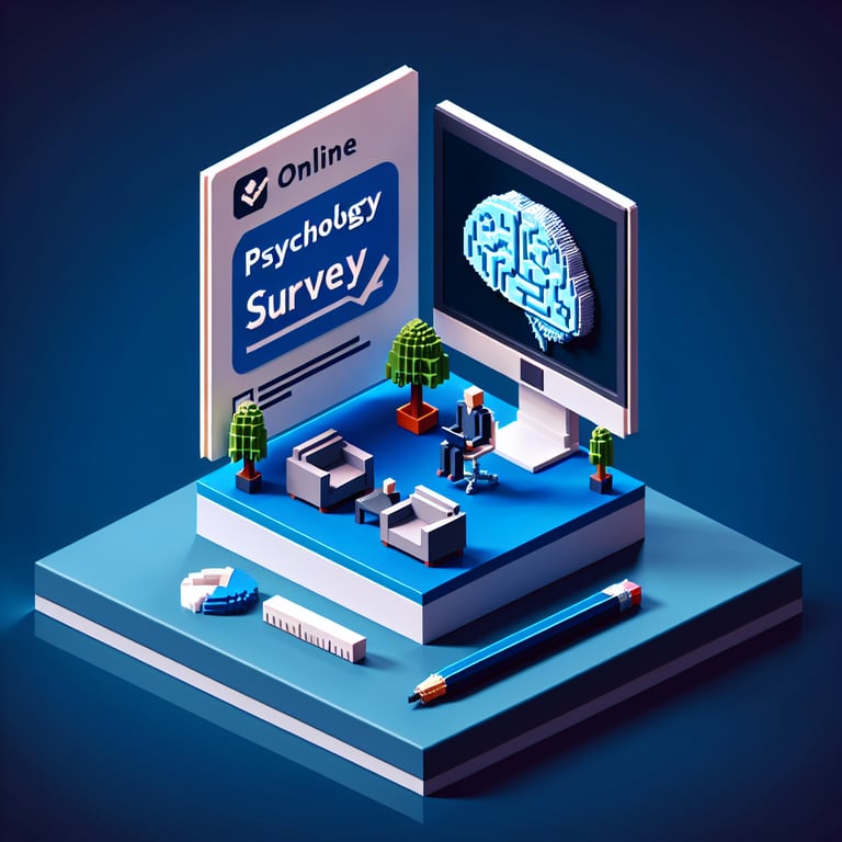 3D voxel art depicting online psychology surveys against a dark blue background.