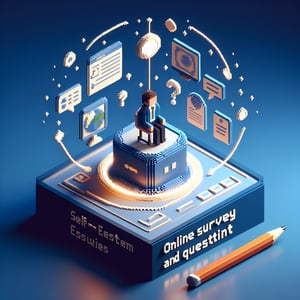 3D voxel art depicting online self-esteem surveys, with a dark blue background.