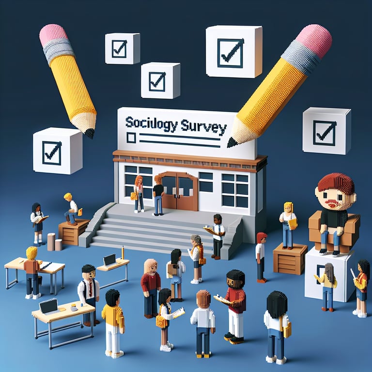 Artistic 3D voxel model illustrating sociology question flow